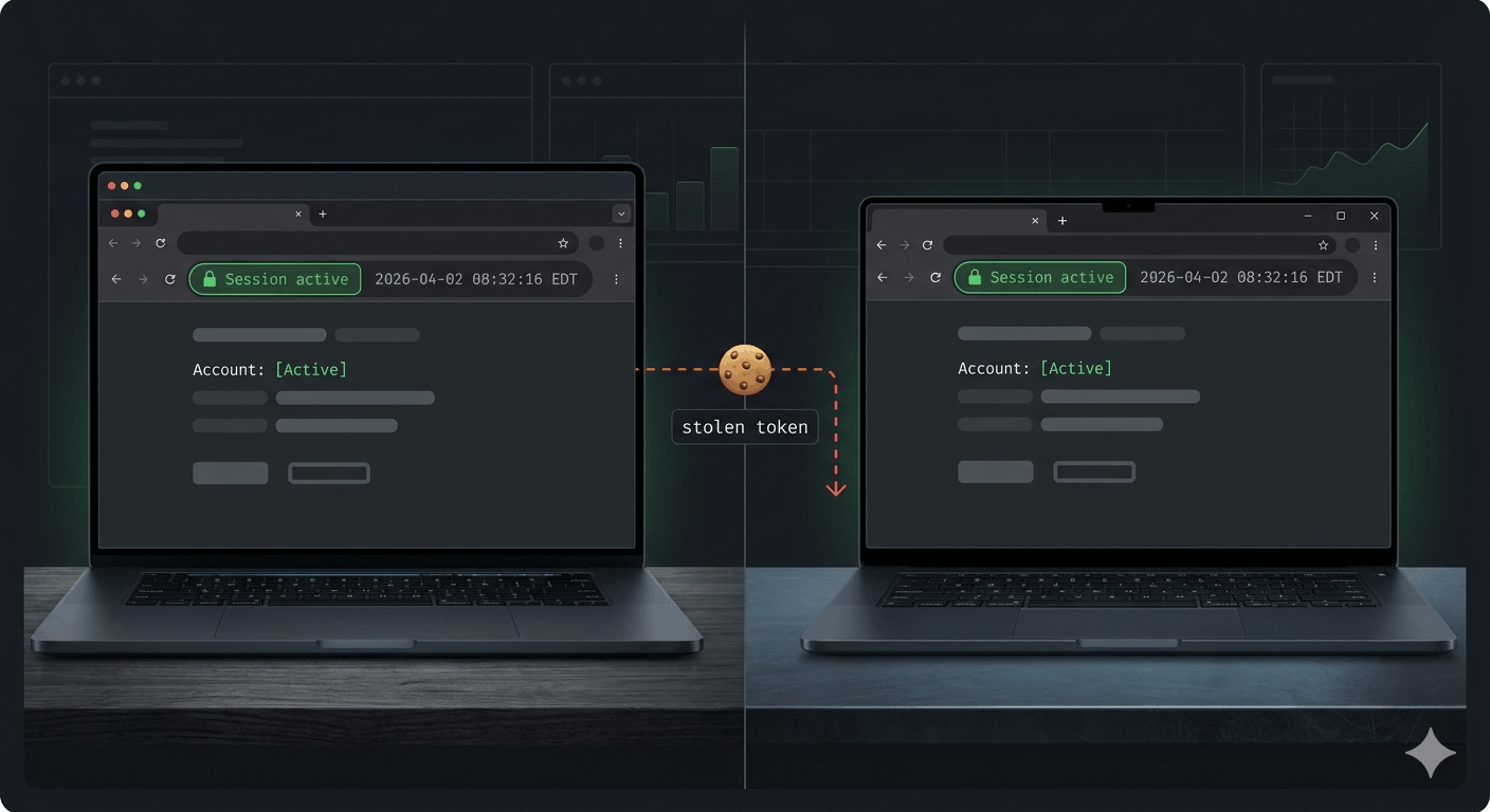 Split screen showing two identical authenticated browser sessions — one legitimate, one on an attacker's device — connected by a red arrow with a stolen cookie label