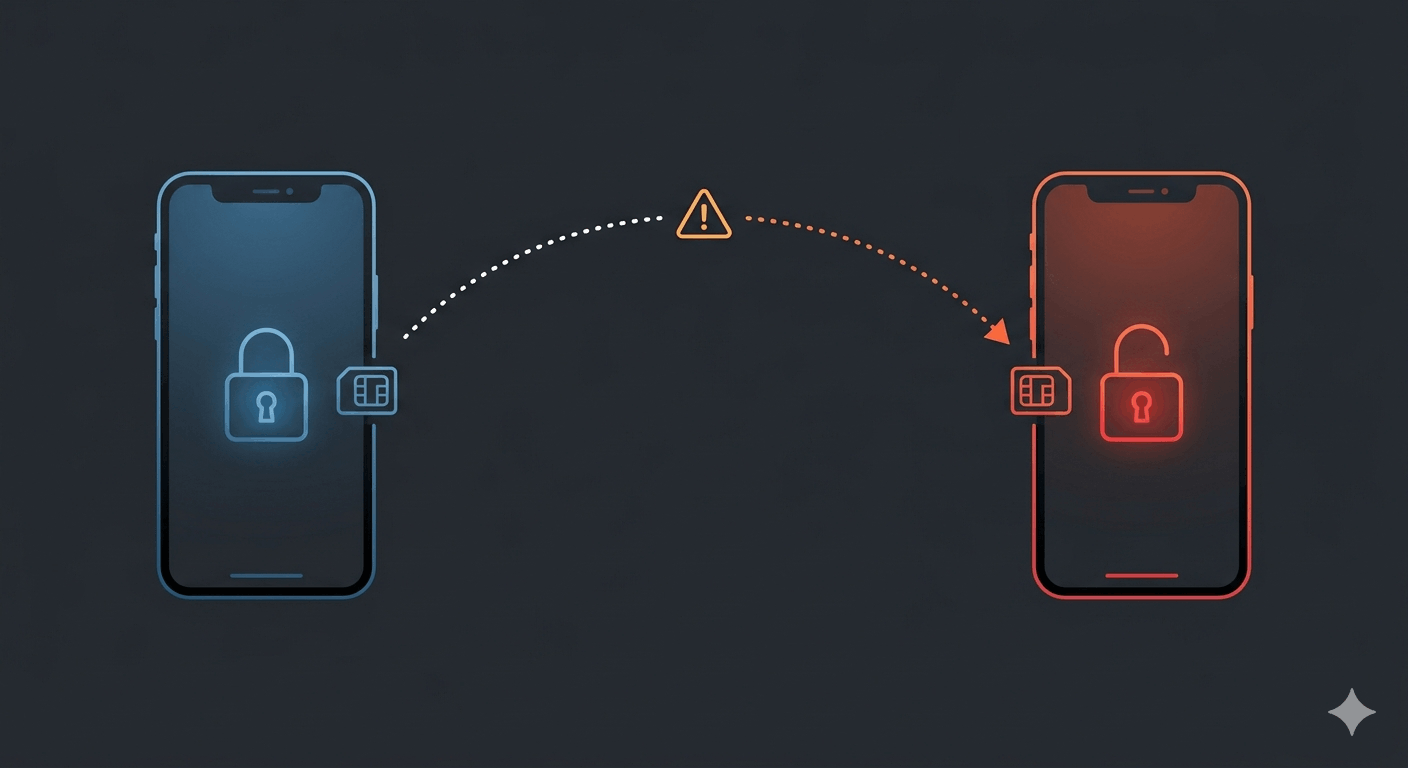 Flat illustration of a SIM card transferring from a locked phone to an unlocked attacker phone, with a warning symbol at the midpoint