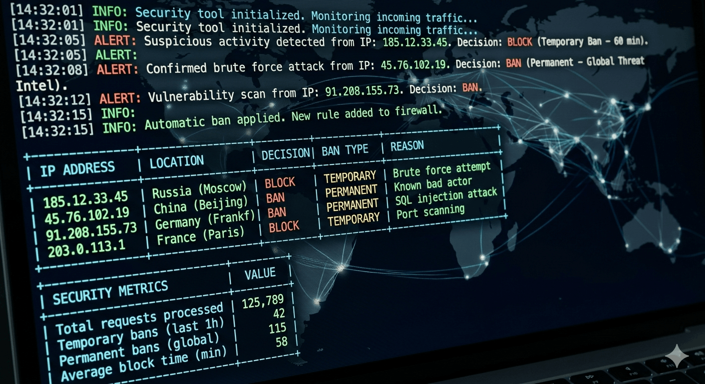 CrowdSec terminal showing active ban decisions with network threat intelligence visualization