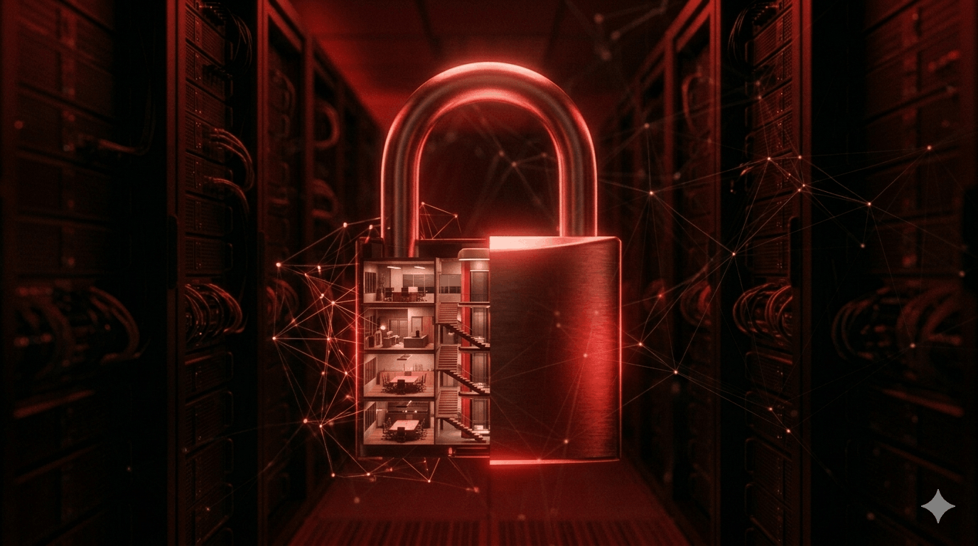Split padlock revealing corporate org chart inside, dark background with red lighting