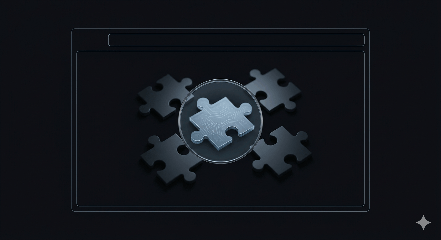 Dark browser window outline containing puzzle-piece extension icons, one piece shown under a magnifying glass revealing a circuit pattern beneath its surface.
