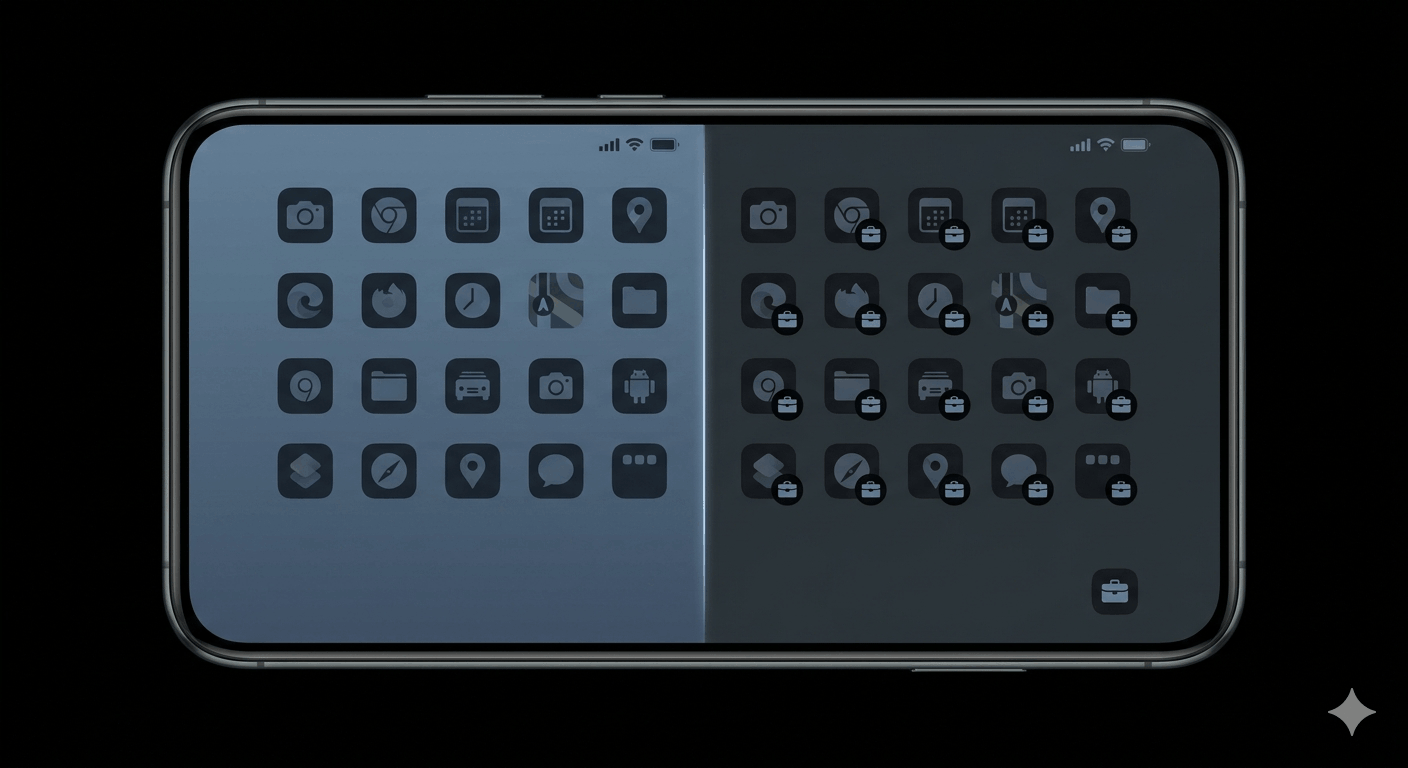 Smartphone screen split into two distinct zones by a glowing vertical line, left side showing personal apps, right side showing work apps with briefcase badges.