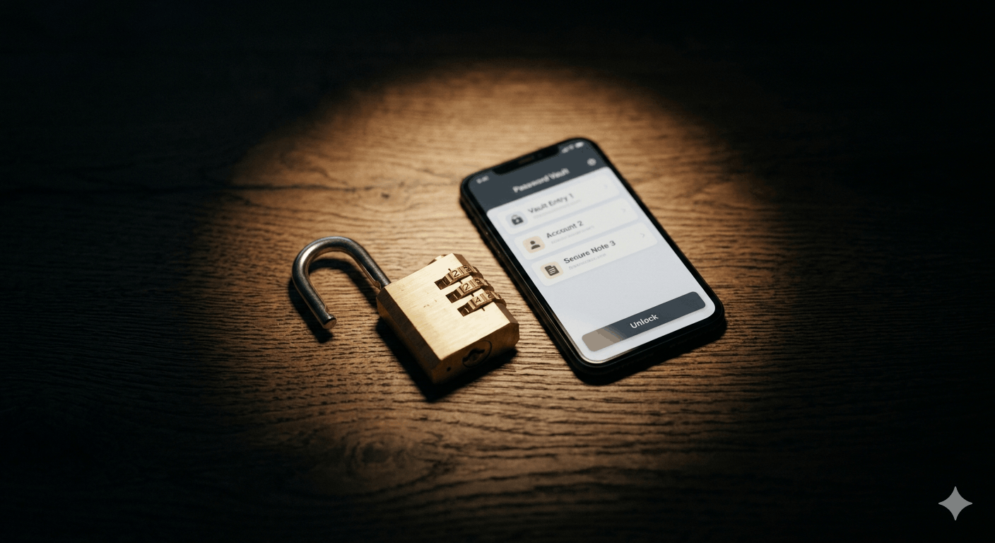 Open combination lock next to a smartphone showing a vault interface on a dark desk, suggesting secure password management