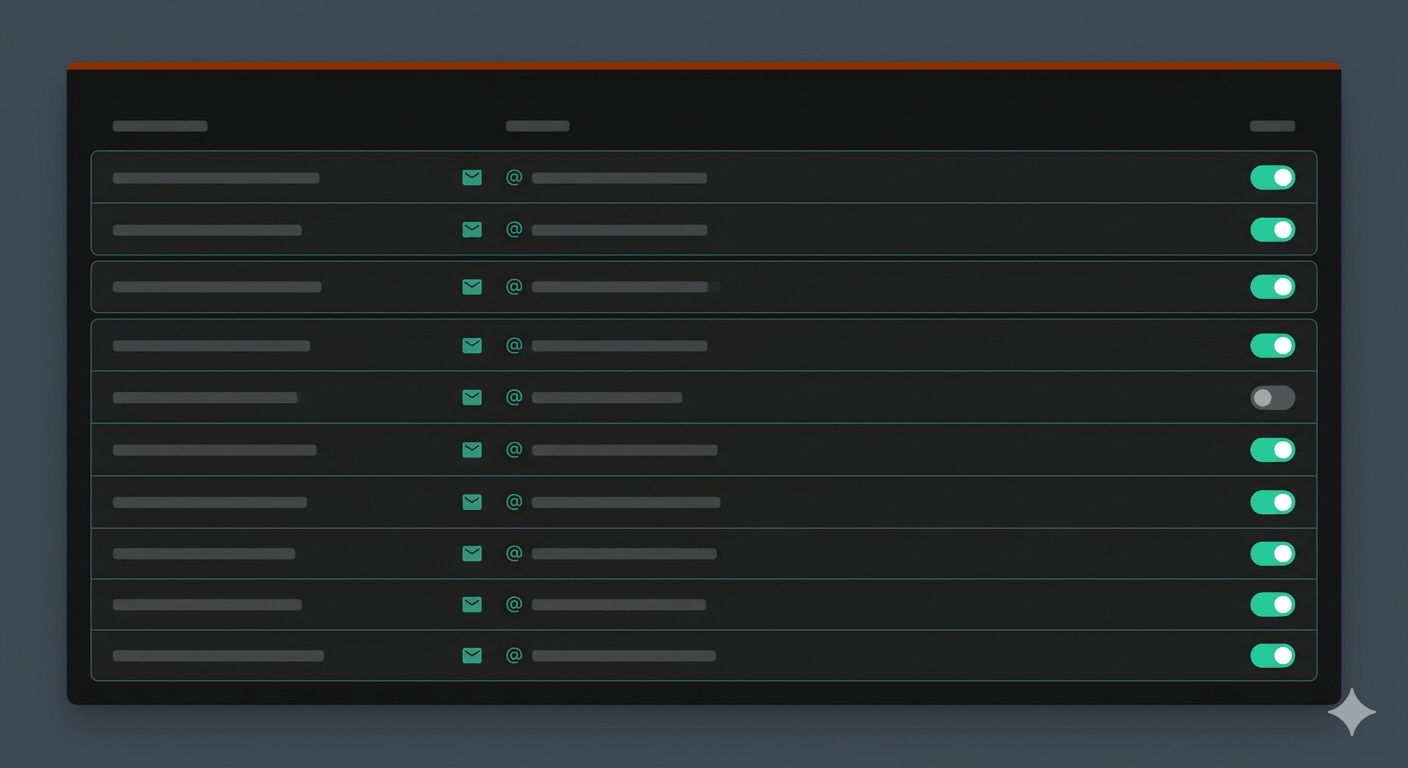 Dark-mode alias list interface with teal-green toggles on charcoal background, one alias row toggled off in grey