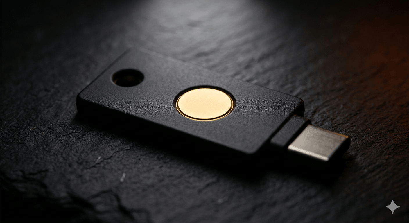 Small gold USB security key on dark carbon fiber surface, lit from above, gold contact disc in sharp focus