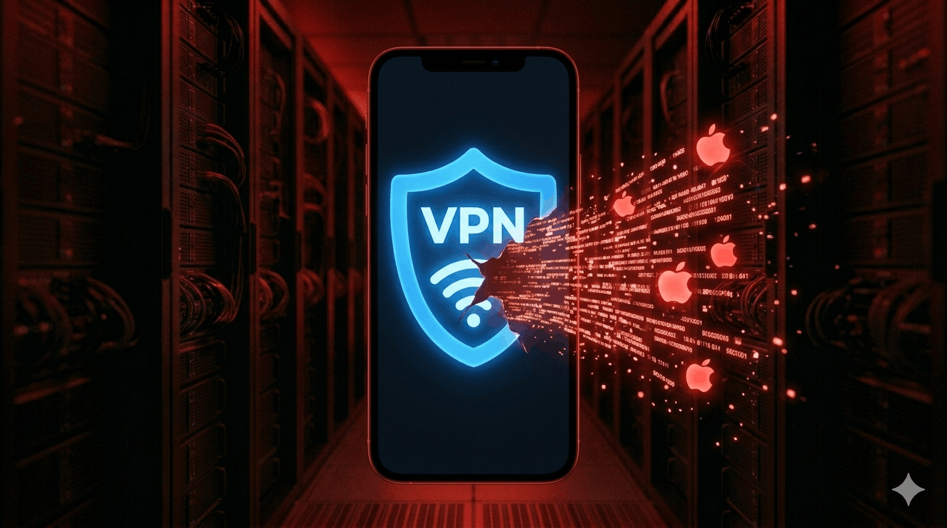 iPhone displaying VPN shield with a glowing red data stream leaking through a gap at its base