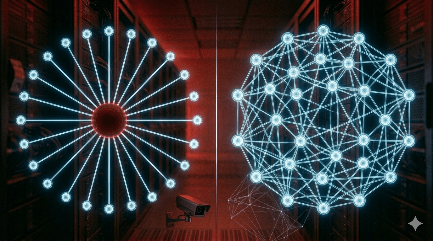 Two network diagrams: hub-and-spoke VPN with central crimson node on left, distributed mesh overlay network on right