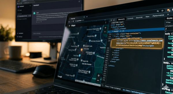 Browser developer tools showing a highlighted API key in page source, with a generative AI interface visible in the background