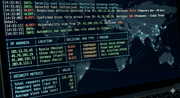 CrowdSec terminal showing active ban decisions with network threat intelligence visualization