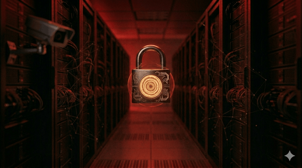 Glowing padlock in a dark server corridor with deep red accent lighting