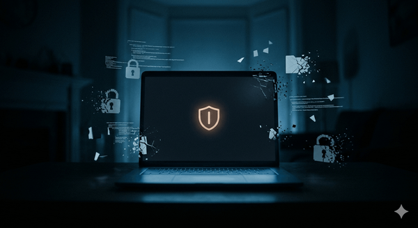 Laptop glowing in a dark room displaying an abstract warning notification with fragments of cracked data icons floating around it