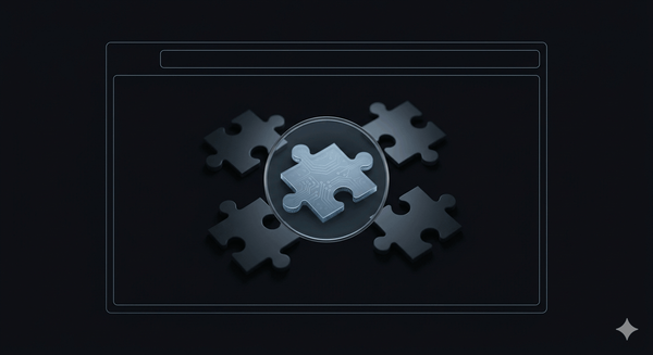 Dark browser window outline containing puzzle-piece extension icons, one piece shown under a magnifying glass revealing a circuit pattern beneath its surface.