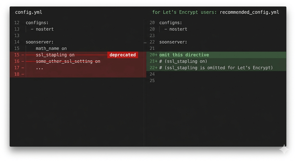 Dark terminal showing two-column nginx config diff: deprecated ssl_stapling directive crossed out in red, correct config in green