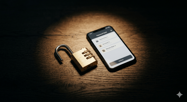 Open combination lock next to a smartphone showing a vault interface on a dark desk, suggesting secure password management