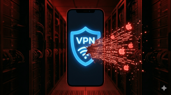 iPhone displaying VPN shield with a glowing red data stream leaking through a gap at its base