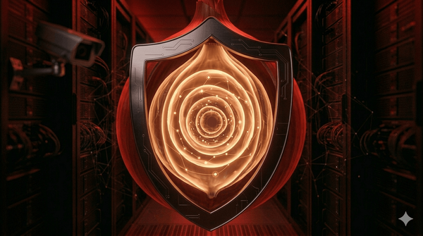 Layered onion cross-section with metallic outer shield blocking a surveillance camera, dark red lighting