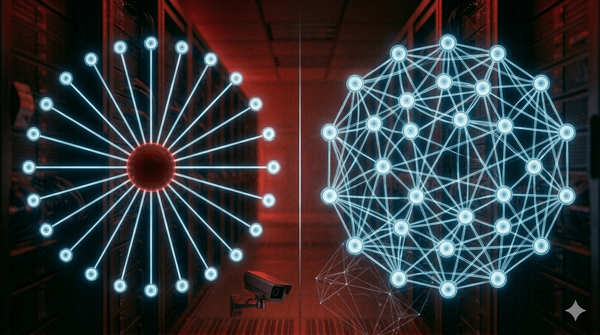 Two network diagrams: hub-and-spoke VPN with central crimson node on left, distributed mesh overlay network on right