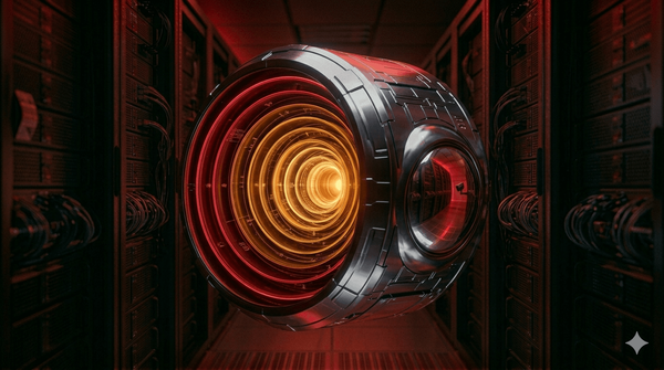 Nested tunnel cross-section with outer encrypted shell blocking a surveillance eye, dark red lighting