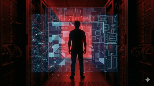 Shadowed figure visible through four overlapping translucent surveillance grid layers with crimson backlight