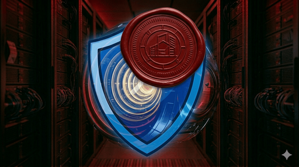 Blue security shield partially covered by a heavy crimson corporate ownership stamp on dark background