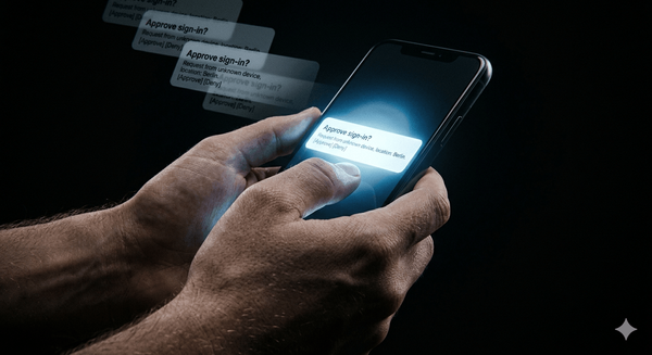 Hand holding a phone in the dark showing a repeated MFA push notification, with faded duplicate alerts stacked behind it