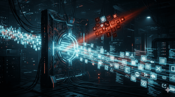 App tiles streaming through a gate, a few deflected and glowing rust orange