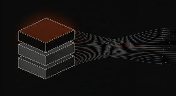 Line-art illustration of a server stack with the top unit highlighted in rust, thin lines fanning out to small dots representing the search services it queries.